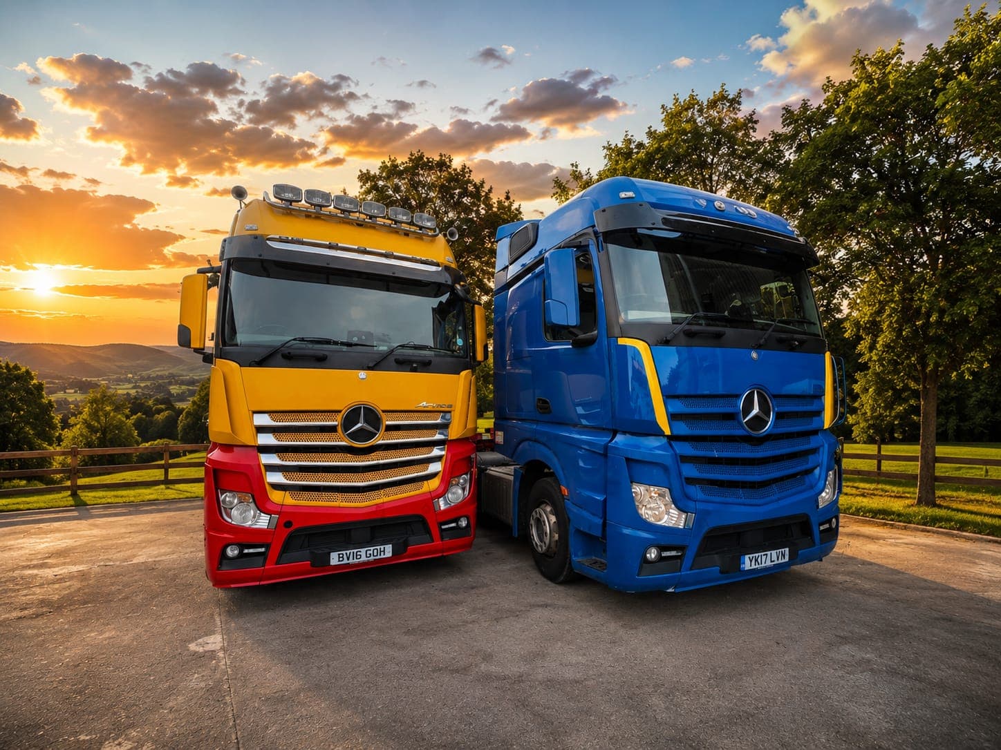 Yellow and blue Malway Logistics tractor units photographed together