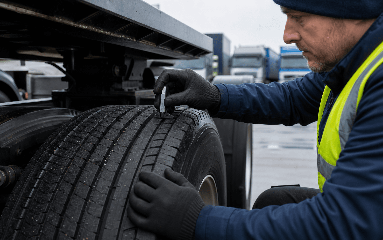 Fleet technician measuring the tread depth of an HGV tyre