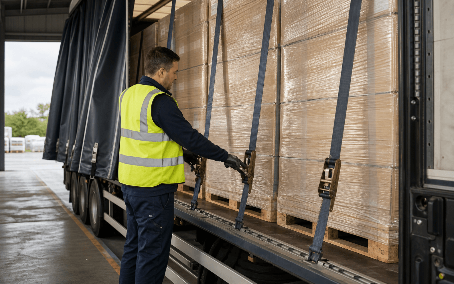 Driver checking ratchet straps on palletised freight inside a curtainsider trailer