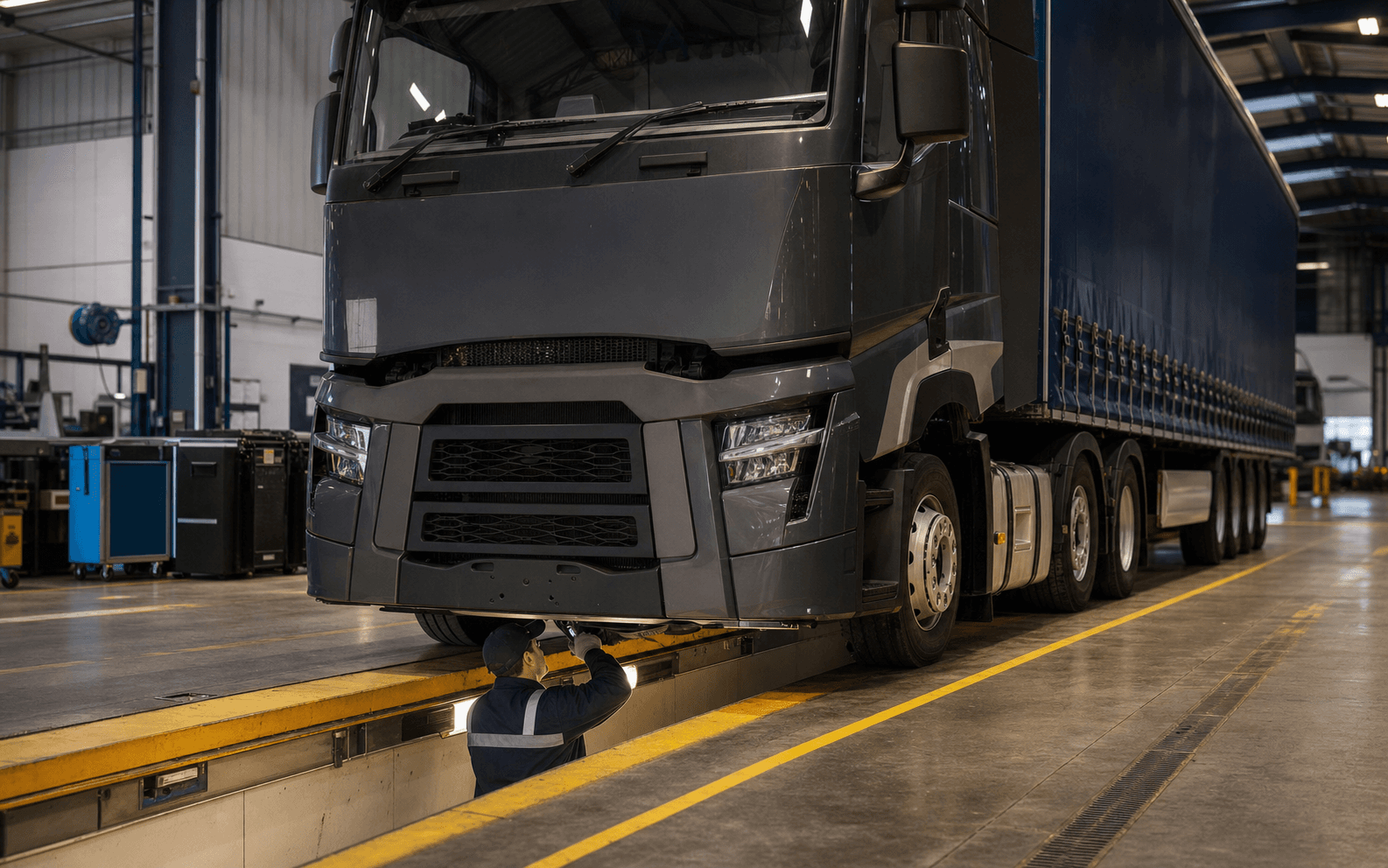 Articulated lorry undergoing an underbody inspection in a commercial workshop