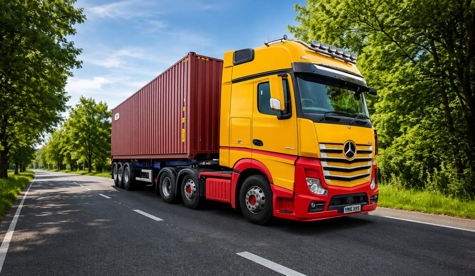 Yellow and red tractor unit carrying a shipping container on a road lined with trees